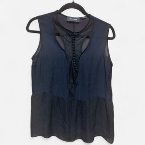 Yigal Azrouël Navy and Black Silk Sleeveless Blouse With Lace Front Piece